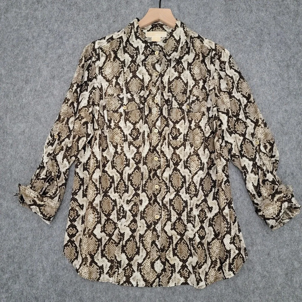 Michael Michael Kors Shirt Womens 1X Brown Black‎ Snake Print Button Front Plus